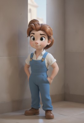 1girl,solo,looking at viewer,smile,short hair,brown hair,shirt,brown eyes,closed mouth,standing,full body,white shirt,short sleeves,outdoors,shoes,collared shirt,hair bun,shadow,brown footwear,thick eyebrows,child,hands on hips,female child,overalls,blue overalls,1boy,male focus,day,watermark,aged down,male child