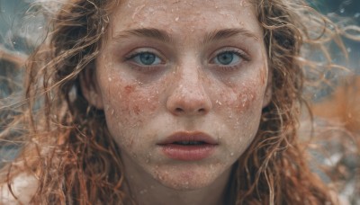 1girl,solo,long hair,looking at viewer,blue eyes,blonde hair,brown hair,green eyes,parted lips,teeth,blurry,lips,wet,eyelashes,portrait,close-up,realistic,nose,wet hair,dirty,orange hair,floating hair,messy hair,freckles