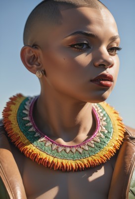 1girl,solo,looking at viewer,short hair,black hair,brown eyes,jewelry,upper body,earrings,parted lips,dark skin,necklace,mole,dark-skinned female,lips,eyelashes,makeup,shadow,blue background,lipstick,portrait,realistic,nose,red lips,bald,very short hair,very dark skin,buzz cut,breasts,mole under eye,eyeshadow,facepaint,tribal