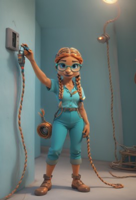 1girl,solo,long hair,breasts,looking at viewer,smile,blue eyes,brown hair,shirt,holding,twintails,standing,full body,braid,short sleeves,small breasts,boots,glasses,belt,pants,indoors,dark skin,orange hair,twin braids,dark-skinned female,brown footwear,blue shirt,child,freckles,female child,overalls,cable,blue-framed eyewear,thick eyebrows,blue pants