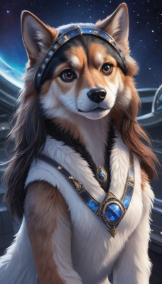 1girl,solo,long hair,looking at viewer,smile,brown hair,brown eyes,jewelry,closed mouth,upper body,sky,necklace,no humans,night,headband,animal,gem,star (sky),night sky,starry sky,dog,space,animal focus,planet,whiskers,animal ears,hairband,furry,earth (planet)