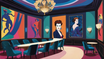 1girl,solo,breasts,looking at viewer,smile,short hair,blue eyes,multiple girls,brown hair,black hair,dress,cleavage,jewelry,medium breasts,red hair,earrings,indoors,makeup,shadow,colored skin,chair,parody,formal,table,lipstick,silhouette,painting (object),hair ornament,sitting,mirror,red lips,lamp