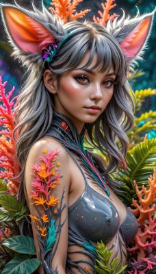 1girl,solo,long hair,breasts,looking at viewer,bangs,hair ornament,red eyes,animal ears,brown eyes,medium breasts,upper body,grey hair,hairband,shiny,cat ears,covered nipples,lips,orange eyes,see-through,shiny skin,makeup,plant,nose,coral,blush,cleavage,bare shoulders,flower,from side,animal ear fluff,fox ears,eyelashes,leaf,extra ears