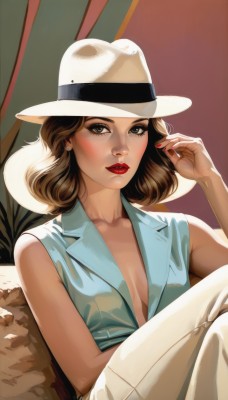 1girl,solo,breasts,looking at viewer,short hair,brown hair,shirt,hat,cleavage,bare shoulders,jewelry,medium breasts,sitting,collarbone,earrings,small breasts,parted lips,sleeveless,pants,hand up,medium hair,nail polish,vest,lips,grey eyes,sleeveless shirt,no bra,makeup,white headwear,crossed legs,blue shirt,lipstick,red nails,white pants,red lips,dress,brown eyes,black eyes,formal,couch