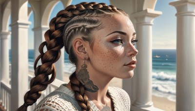 1girl,solo,long hair,blue eyes,brown hair,jewelry,braid,multicolored hair,earrings,outdoors,parted lips,sky,choker,day,water,blurry,twin braids,lips,tattoo,blurry background,bird,ocean,beach,portrait,freckles,realistic,nose,looking afar,pillar,neck tattoo,column,collarbone,blue sky,eyelashes,makeup,piercing,sunlight,sand,facial tattoo