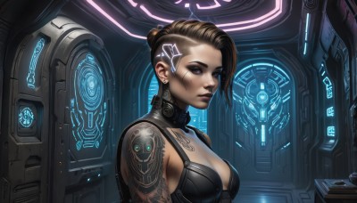 1girl,solo,breasts,looking at viewer,short hair,blue eyes,brown hair,hair ornament,cleavage,brown eyes,jewelry,medium breasts,upper body,earrings,hair bun,lips,tattoo,makeup,scar,single hair bun,science fiction,asymmetrical hair,nose,cyborg,cyberpunk,small breasts,collar,eyeshadow,realistic,eyeliner,undercut,hologram