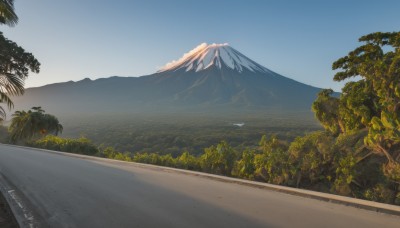 outdoors,sky,day,tree,blue sky,no humans,plant,nature,scenery,forest,mountain,road,bush,landscape,mountainous horizon,cloud,signature,ocean,mount fuji