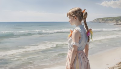 1girl,solo,long hair,breasts,bangs,skirt,brown hair,shirt,bare shoulders,closed mouth,standing,closed eyes,white shirt,braid,outdoors,frills,sky,sleeveless,day,cloud,water,twin braids,from side,lips,sleeveless shirt,profile,ocean,beach,feathers,scenery,vertical stripes,pink skirt,sand,arms at sides,horizon,arm garter,waves,striped skirt,shore,vertical-striped skirt,hair ornament,dress,white dress,blue sky,sleeveless dress