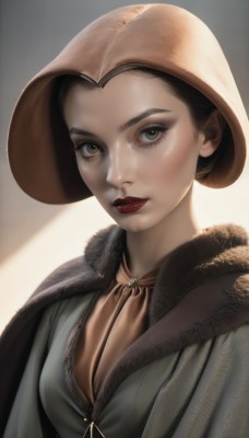 1girl,solo,breasts,looking at viewer,short hair,brown hair,black hair,hat,dress,brown eyes,closed mouth,upper body,lips,grey eyes,fur trim,eyelashes,makeup,lipstick,realistic,nose,brown headwear,red lips,simple background,portrait,eyeshadow