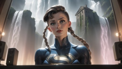 1girl,solo,long hair,breasts,brown hair,brown eyes,jewelry,medium breasts,upper body,braid,earrings,outdoors,parted lips,water,twin braids,lips,looking to the side,bodysuit,building,portrait,science fiction,animification,superhero,waterfall,blue bodysuit,looking at viewer,twintails,teeth,grey eyes,makeup,piercing,realistic,nose,speaker