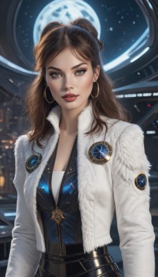 1girl,solo,long hair,breasts,looking at viewer,brown hair,long sleeves,cleavage,brown eyes,jewelry,medium breasts,jacket,upper body,earrings,parted lips,open clothes,necklace,lips,fur trim,makeup,moon,white jacket,lipstick,science fiction,hoop earrings,realistic,nose,red lips,bangs,dress,open jacket,parted bangs,grey eyes,cropped jacket,emblem,badge