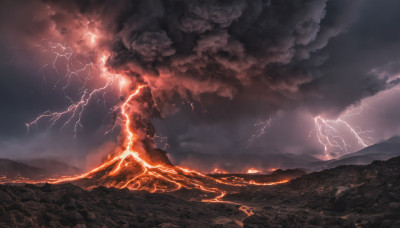 outdoors, sky, cloud, no humans, cloudy sky, fire, scenery, mountain, electricity, lightning