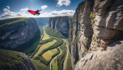 solo,1boy,male focus,outdoors,sky,day,cloud,cape,blue sky,sunlight,cloudy sky,nature,scenery,flying,rock,mountain,red cape,landscape,cliff,no humans,desert