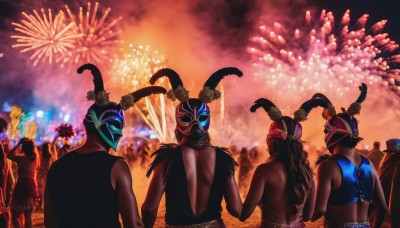 long hair,multiple girls,blonde hair,brown hair,hat,bare shoulders,ass,multiple boys,shorts,sleeveless,dark skin,3girls,from behind,dark-skinned female,mask,night,back,helmet,6+boys,backless outfit,fireworks,crowd,aerial fireworks,horns,feathers,festival