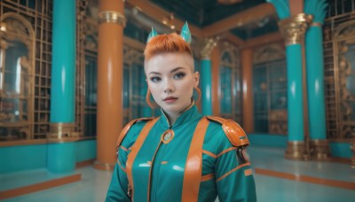 1girl,solo,looking at viewer,short hair,blue eyes,hair ornament,closed mouth,jacket,upper body,indoors,orange hair,blurry,lips,bodysuit,makeup,forehead,science fiction,realistic,breasts,jewelry,medium breasts,earrings,parted lips,hair bun,black eyes,blurry background,lipstick,nose,red lips,hair behind ear,pillar