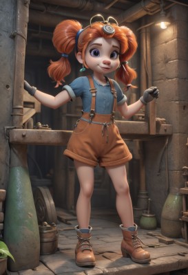 1girl,solo,long hair,smile,blue eyes,shirt,gloves,twintails,jewelry,closed mouth,standing,purple eyes,full body,short sleeves,earrings,boots,shoes,shorts,black gloves,indoors,orange hair,brown footwear,suspenders,blue shirt,child,freckles,female child,overalls,suspender shorts,barrel,industrial pipe,overall shorts,looking at viewer,hair ornament,necklace,black eyes,lips,ankle boots,brown shorts