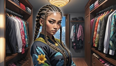 1girl,solo,long hair,breasts,looking at viewer,brown hair,shirt,black hair,brown eyes,jewelry,jacket,upper body,braid,multicolored hair,earrings,parted lips,day,indoors,dark skin,necklace,black eyes,twin braids,two-tone hair,dark-skinned female,lips,eyelashes,window,makeup,floral print,forehead,eyeshadow,nose,clothes hanger,multiple braids,hanbok,medium breasts,closed mouth,flower,japanese clothes,necktie,kimono,chinese clothes,piercing,formal,ear piercing,realistic,stud earrings,print kimono,black kimono,very dark skin,dreadlocks