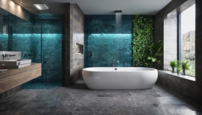 indoors,water,tree,no humans,window,table,plant,building,scenery,couch,reflection,mirror,door,tiles,potted plant,tile floor,bathroom,bathtub,tile wall,toilet,sink,faucet,day,sunlight,wooden floor