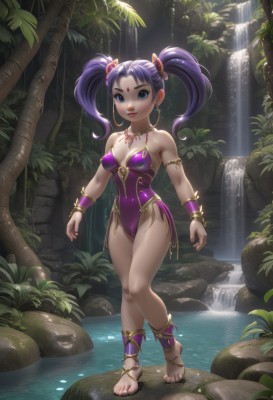 1girl,solo,long hair,breasts,looking at viewer,smile,blue eyes,hair ornament,cleavage,bare shoulders,twintails,jewelry,medium breasts,closed mouth,standing,purple eyes,swimsuit,full body,purple hair,earrings,outdoors,barefoot,water,necklace,nail polish,bracelet,feet,covered nipples,leotard,tree,lips,bare legs,covered navel,toes,highleg,sandals,plant,nature,red nails,armlet,forest,toenails,hoop earrings,rock,anklet,toenail polish,bracer,forehead jewel,purple leotard,waterfall,makeup,facial mark,short twintails,barefoot sandals