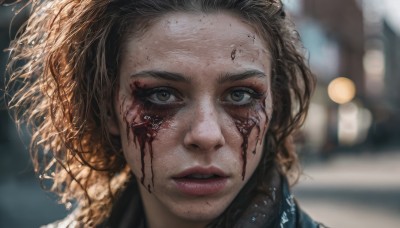 1girl,solo,looking at viewer,short hair,blonde hair,brown hair,brown eyes,outdoors,parted lips,teeth,tears,blurry,lips,grey eyes,blood,depth of field,blurry background,messy hair,portrait,curly hair,blood on face,realistic,nose,eyelashes,close-up,forehead