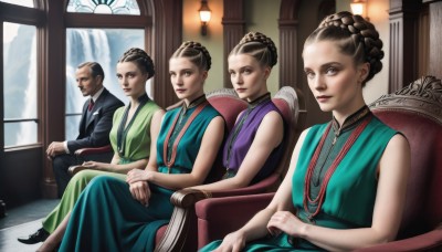 looking at viewer,smile,short hair,multiple girls,brown hair,shirt,black hair,1boy,dress,bare shoulders,brown eyes,jewelry,sitting,closed mouth,jacket,braid,multiple boys,necktie,sleeveless,pants,indoors,3girls,necklace,hair bun,black footwear,black eyes,lips,black jacket,window,4girls,makeup,sleeveless dress,blue dress,facial hair,chair,formal,single hair bun,own hands together,suit,red necktie,green dress,realistic,mustache,multiple persona,armchair,hands on lap,aqua dress,blue eyes,artist name,signature,siblings,watermark,parody,crossed legs,bald