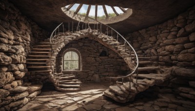 outdoors,sky,day,cloud,tree,no humans,window,sunlight,scenery,stairs,railing,wall,ruins,pillar,arch,indoors,shadow,plant,rock,fantasy,brick wall,skeleton,crack,stone,overgrown,stone wall,broken window