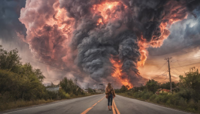 1girl, solo, long hair, outdoors, sky, cloud, bag, from behind, tree, backpack, cloudy sky, fire, scenery, smoke, walking, monster, road, power lines, street, utility pole