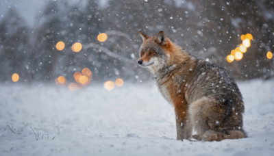 outdoors, signature, blurry, no humans, animal, snow, dog, snowing, realistic, animal focus, winter