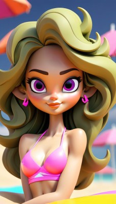 1girl,solo,long hair,breasts,looking at viewer,blush,smile,blonde hair,navel,cleavage,bare shoulders,jewelry,medium breasts,closed mouth,purple eyes,collarbone,swimsuit,upper body,heart,bikini,earrings,small breasts,outdoors,sky,day,pink eyes,blurry,covered nipples,lips,eyelashes,makeup,blurry background,umbrella,wavy hair,beach,lipstick,pink bikini,red lips,beach umbrella,sitting,multicolored hair,midriff,artist name,dark skin,two-tone hair,blue sky,ocean,asymmetrical hair,pink lips