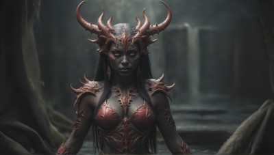 HQ,1girl,solo,long hair,breasts,looking at viewer,black hair,red eyes,cleavage,jewelry,medium breasts,closed mouth,upper body,earrings,outdoors,horns,pointy ears,water,armor,blurry,lips,orange eyes,blurry background,glowing,colored skin,shoulder armor,glowing eyes,colored sclera,grey skin,cave,depth of field,lipstick,elf,pauldrons,red lips,bikini armor