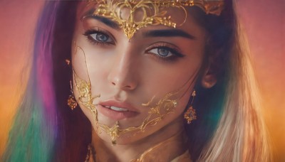 1girl,solo,long hair,looking at viewer,blue eyes,brown hair,jewelry,multicolored hair,earrings,parted lips,teeth,lips,grey eyes,eyelashes,makeup,gem,portrait,veil,close-up,circlet,realistic,nose,orange background,gold,head chain,purple hair