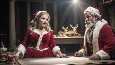 HQ,1girl,long hair,breasts,smile,open mouth,blue eyes,blonde hair,long sleeves,1boy,hat,dress,jewelry,white hair,earrings,indoors,necklace,looking at another,cup,fur trim,facial hair,parody,red dress,table,christmas,red headwear,beard,santa hat,santa costume,realistic,mustache,candle,manly,old,old man,cleavage,makeup,lipstick,alcohol,drinking glass