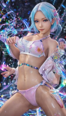 1girl,solo,breasts,looking at viewer,smile,short hair,blue eyes,hair ornament,navel,medium breasts,underwear,blue hair,standing,jacket,swimsuit,bikini,multicolored hair,cowboy shot,parted lips,open clothes,shiny,water,nail polish,bra,blurry,lips,wet,see-through,shiny skin,blurry background,blue nails,realistic,cleavage,bare shoulders,collarbone,panties,thighs,stomach,watermark,white bikini,science fiction,pink bikini