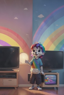 1girl,solo,smile,short hair,open mouth,shirt,1boy,standing,full body,pink hair,purple hair,short sleeves,:d,male focus,multicolored hair,sky,shoes,shorts,teeth,artist name,cloud,indoors,black eyes,two-tone hair,bird,blue shirt,sneakers,child,furry,personification,wooden floor,waving,male child,television,rainbow,rainbow gradient,multicolored shirt,rainbow hair,blue hair,red hair,green hair,colored skin,t-shirt,game console