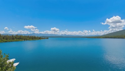 outdoors,sky,day,cloud,water,tree,blue sky,no humans,ocean,cloudy sky,grass,nature,scenery,forest,reflection,horizon,watercraft,river,boat,landscape,lake,reflective water,mountain,summer,island