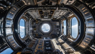 sky,no humans,window,from above,scenery,science fiction,space,planet,spacecraft,day,cloud,blue sky,building,reflection,realistic,horizon,cockpit