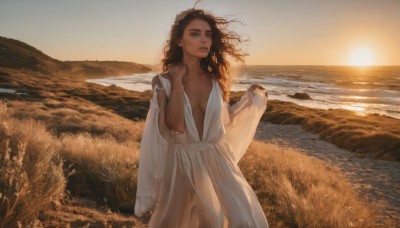 1girl,solo,long hair,breasts,brown hair,black hair,dress,holding,brown eyes,jewelry,medium breasts,closed mouth,standing,collarbone,cowboy shot,small breasts,outdoors,sky,dark skin,water,white dress,dark-skinned female,lips,see-through,looking to the side,no bra,ocean,looking away,beach,sunlight,grass,wind,messy hair,scenery,breasts apart,backlighting,sunset,robe,realistic,nose,sun,horizon,looking afar,lake,white robe,looking at viewer,cleavage,parted lips,floating hair,field,see-through silhouette,wheat