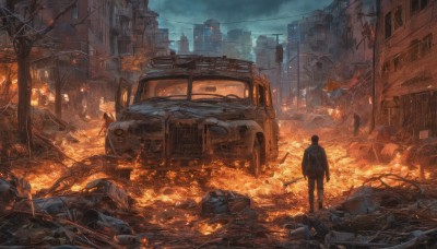 solo,short hair,black hair,1boy,holding,standing,jacket,weapon,male focus,outdoors,sky,pants,sword,cloud,from behind,holding weapon,gun,night,fire,robot,ground vehicle,building,holding gun,scenery,motor vehicle,smoke,science fiction,city,facing away,car,cable,ruins,power lines,damaged,debris,embers,broken glass,destruction,rubble,truck,post-apocalypse,signature,tree,cloudy sky,rifle,rain,broken,burning,broken window