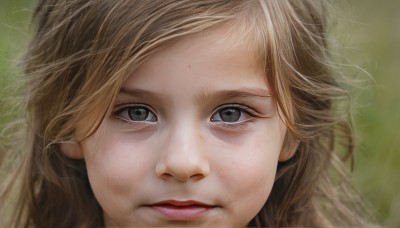 1girl,solo,long hair,looking at viewer,blonde hair,brown hair,closed mouth,green eyes,blurry,lips,grey eyes,eyelashes,blurry background,portrait,close-up,freckles,realistic,nose,bangs