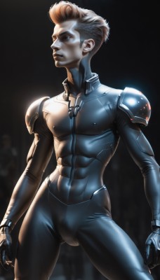 solo,short hair,blue eyes,brown hair,gloves,1boy,closed mouth,standing,male focus,armor,looking to the side,bodysuit,covered navel,muscular,abs,skin tight,clenched hands,realistic,cyborg,pompadour,blonde hair,cowboy shot,lips,science fiction,shoulder pads