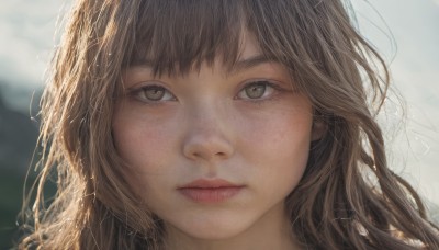 1girl,solo,long hair,looking at viewer,bangs,brown hair,brown eyes,closed mouth,outdoors,day,blurry,lips,depth of field,blurry background,expressionless,messy hair,portrait,close-up,freckles,realistic,nose,eyelashes,sunlight,backlighting,straight-on