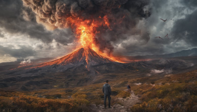 1girl, 1boy, outdoors, sky, cloud, bird, cloudy sky, fire, scenery, smoke, mountain, field