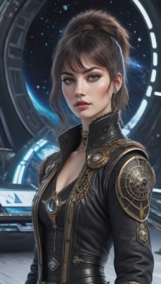 1girl,solo,long hair,breasts,looking at viewer,bangs,brown hair,long sleeves,cleavage,brown eyes,jewelry,medium breasts,jacket,upper body,ponytail,earrings,parted lips,open clothes,choker,belt,necklace,lips,black jacket,grey eyes,makeup,high ponytail,science fiction,realistic,nose,space,planet,short hair,small breasts,artist name,medium hair,mole,freckles