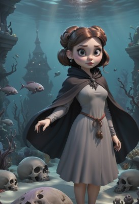 1girl,solo,breasts,looking at viewer,blush,short hair,brown hair,long sleeves,dress,brown eyes,jewelry,closed mouth,standing,earrings,small breasts,artist name,hood,water,hair bun,cape,white dress,lips,grey eyes,double bun,child,cloak,fish,skull,light rays,underwater,fantasy,grey dress,mushroom,turtle,coral,feet out of frame,nose,black cape,air bubble,aquarium