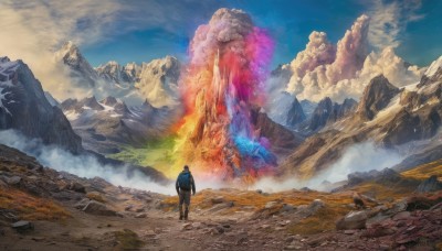 solo,1boy,standing,jacket,male focus,outdoors,sky,day,pants,cloud,from behind,blue sky,cloudy sky,fire,scenery,walking,science fiction,rock,mountain,wide shot,ambiguous gender,black hair,smoke