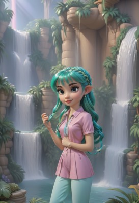 1girl,solo,long hair,looking at viewer,smile,blue eyes,shirt,jewelry,standing,braid,short sleeves,earrings,small breasts,outdoors,green hair,day,pointy ears,pants,water,necklace,bracelet,lips,aqua hair,makeup,sunlight,thick eyebrows,plant,wading,pink shirt,jeans,red lips,waterfall,dress,leaf,watermark,crown braid