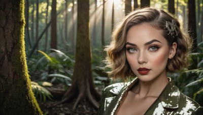 1girl,solo,looking at viewer,short hair,brown hair,hair ornament,jewelry,green eyes,collarbone,upper body,flower,earrings,outdoors,parted lips,hair flower,blurry,tree,lips,grey eyes,eyelashes,makeup,depth of field,blurry background,wavy hair,sunlight,plant,lipstick,portrait,nature,forest,realistic,nose,red lips,dappled sunlight,mascara,day,leaf,forehead