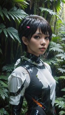 1girl,solo,breasts,looking at viewer,short hair,bangs,shirt,black hair,brown eyes,white shirt,upper body,flower,small breasts,outdoors,blurry,black eyes,lips,wet,petals,bodysuit,makeup,leaf,plant,nature,eyeshadow,freckles,realistic,nose,black bodysuit,parted lips,day,artist name,armor,from side,forest,red lips