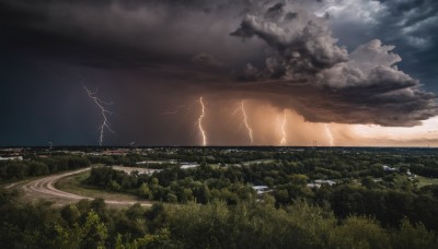 outdoors,sky,cloud,water,tree,no humans,cloudy sky,grass,building,nature,scenery,forest,mountain,city,horizon,electricity,road,cityscape,river,lightning,landscape,night,ocean,fantasy,field,city lights