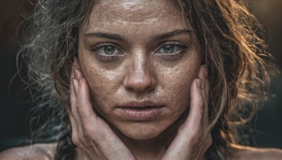 1girl,solo,long hair,looking at viewer,brown hair,bare shoulders,closed mouth,lips,grey eyes,eyelashes,portrait,close-up,freckles,realistic,nose,hands on own face,hands on own cheeks,hands on another's face,blue eyes,black hair,messy hair